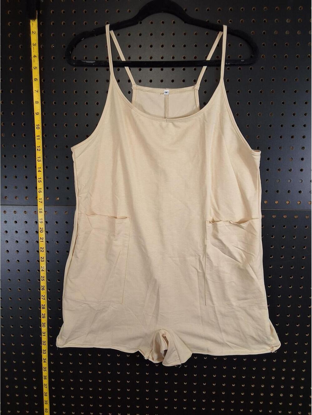 Chic Beige Sleeveless Romper with Pockets - Medium